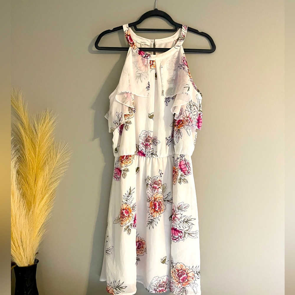 NWT Maurices Summer Floral Dress - White Sheer Material and Bright Pink Peonies